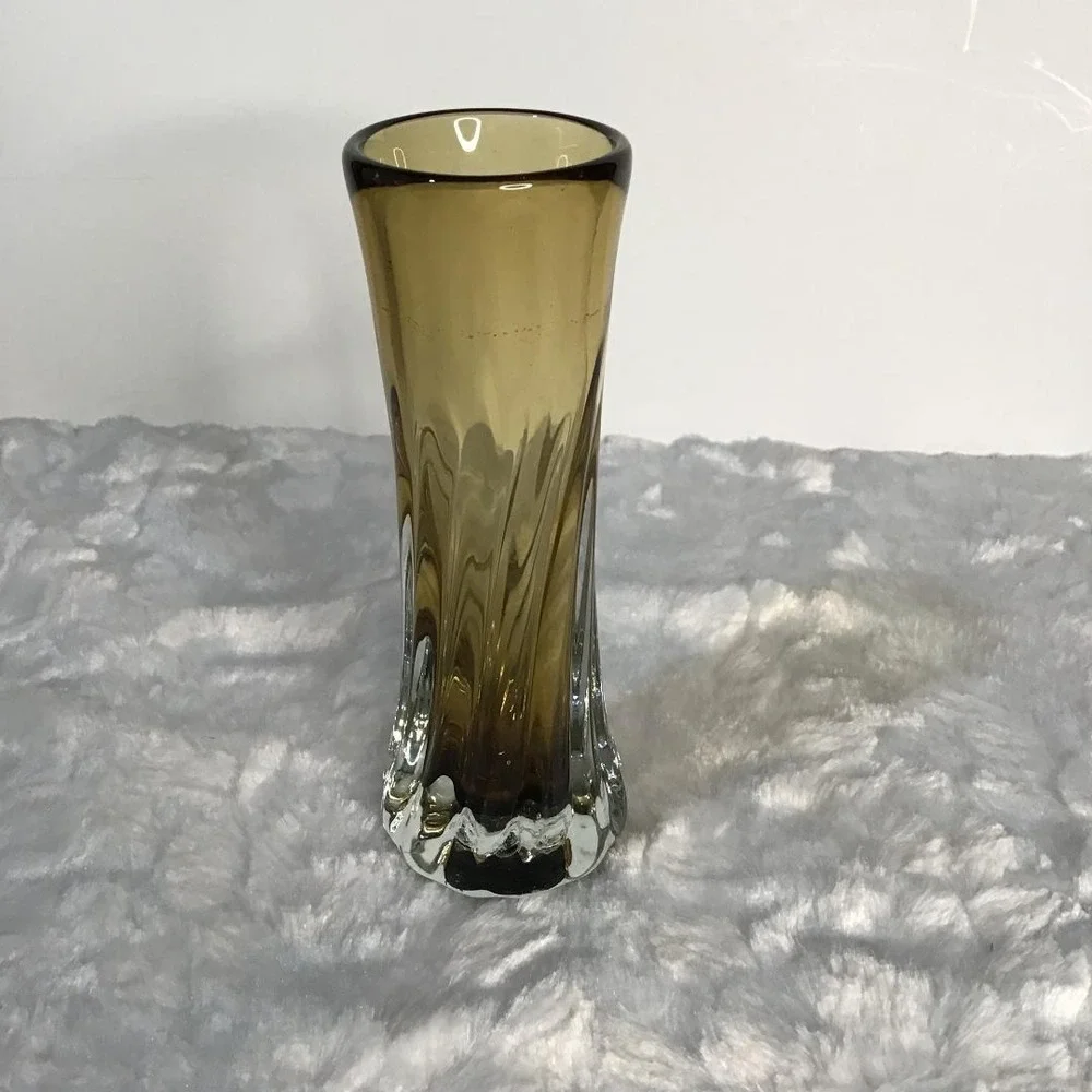Signed Studio Art Glass Bud Vase Amber Brown Swirl Hand Blown 6.5